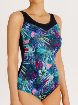 Купальник ортопедический слитный без застежки син-зел пальма, для небольшой и средней груди