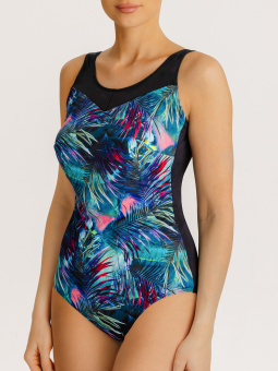 Купальник ортопедический слитный без застежки син-зел пальма, для небольшой и средней груди