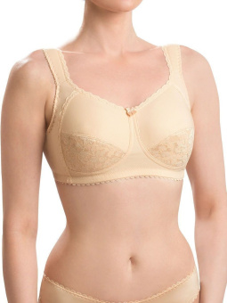 Бюстгальтер ортопедический бежевый с широкими мягкими бретелями, кружево внизу чашки